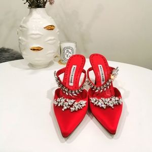 Manolo Blahnik Lurum Satin Crystal Embellished Mule